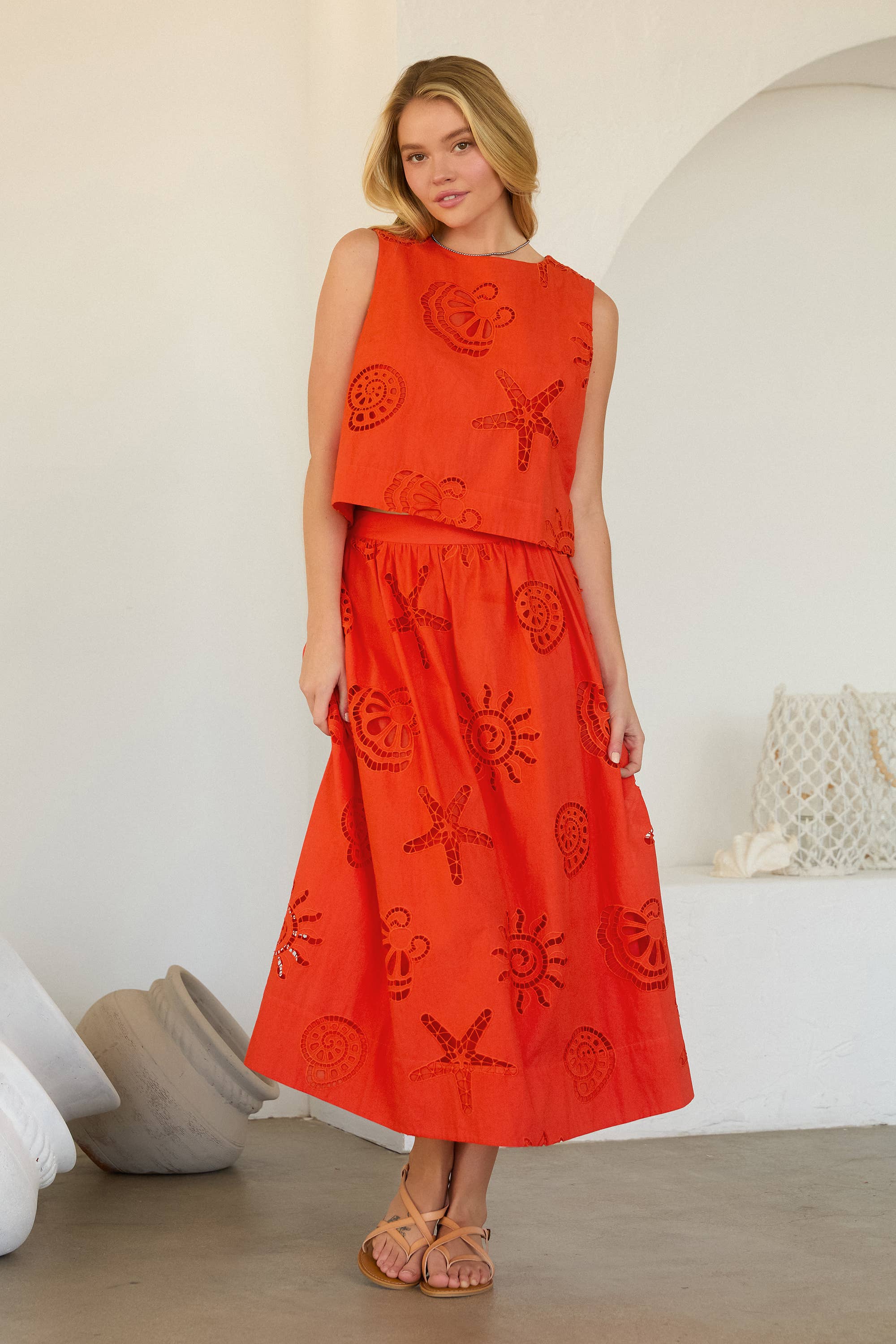 Orange Coastal Eyelet Lace Skirt Set