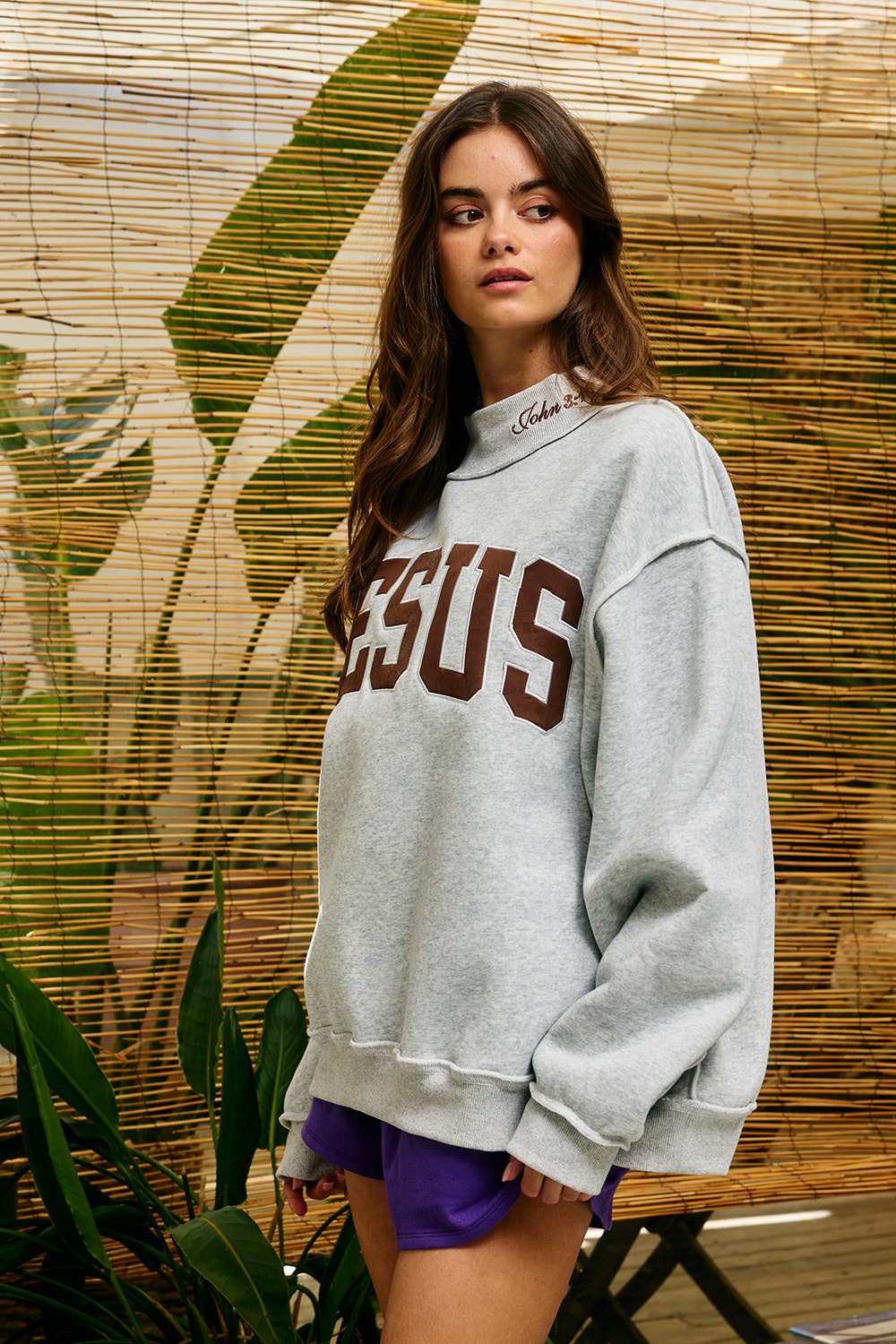 Brown Embroidered Jesus Gray Mockneck