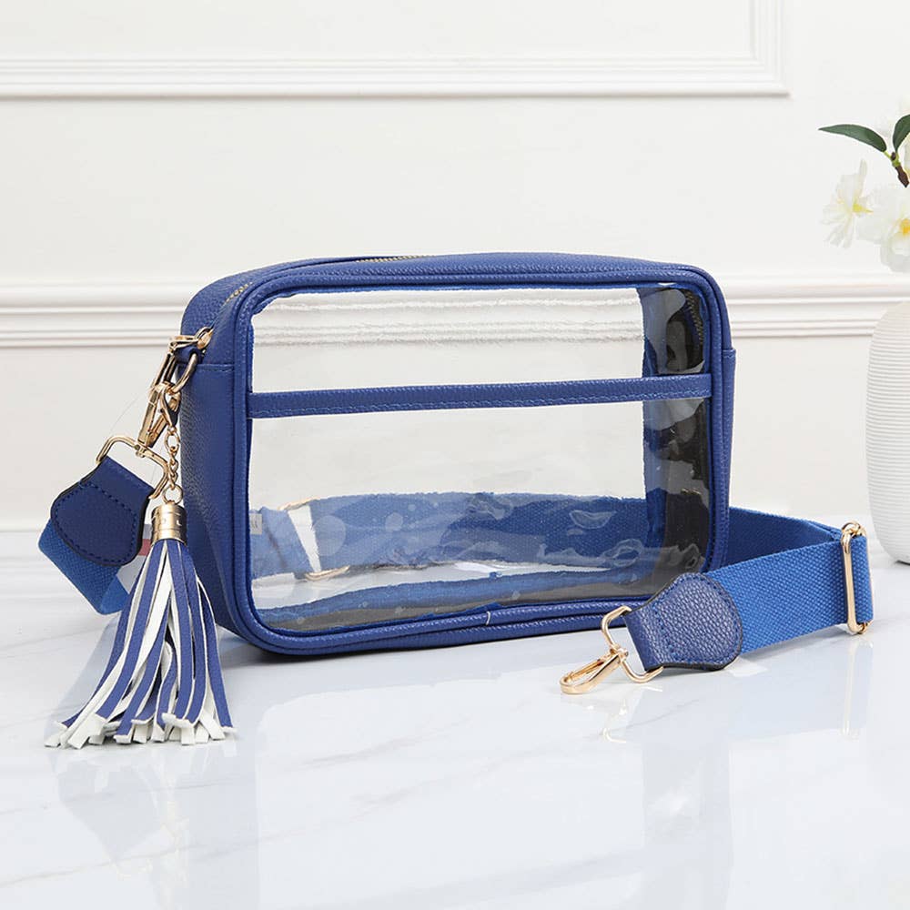 Faux Leather Transparent Rectangular Crossbody Bag: Clear,Royal Blue