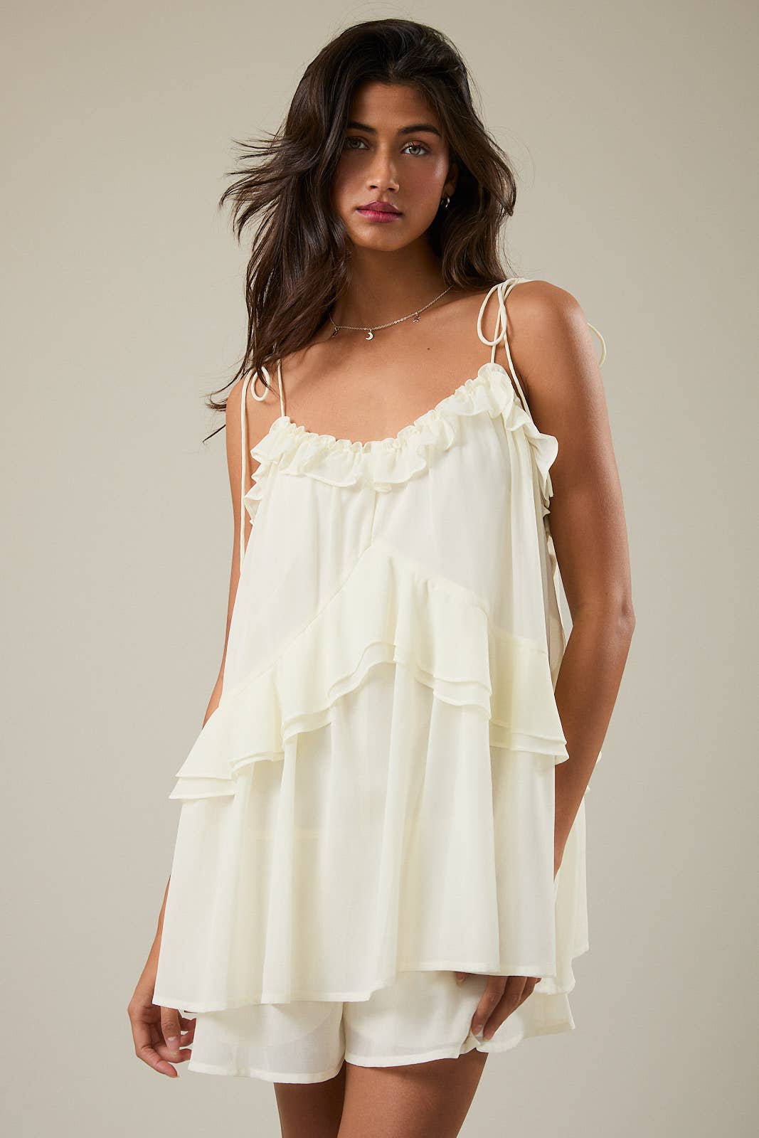 White Ruffle Shoulder Tie Romper