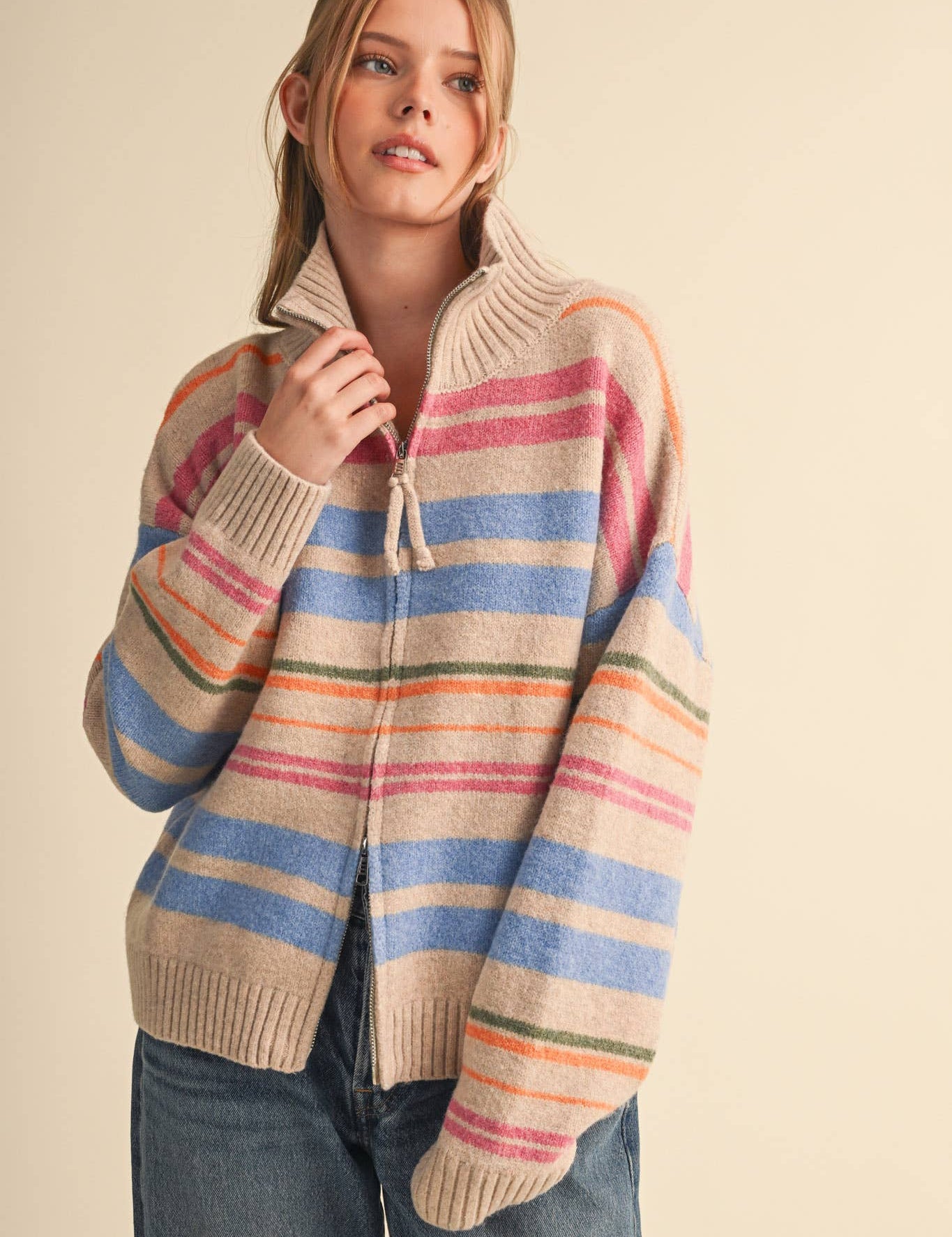 Cream Striped Mock Neck Zip Up Cardigan