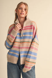 Cream Striped Mock Neck Zip Up Cardigan