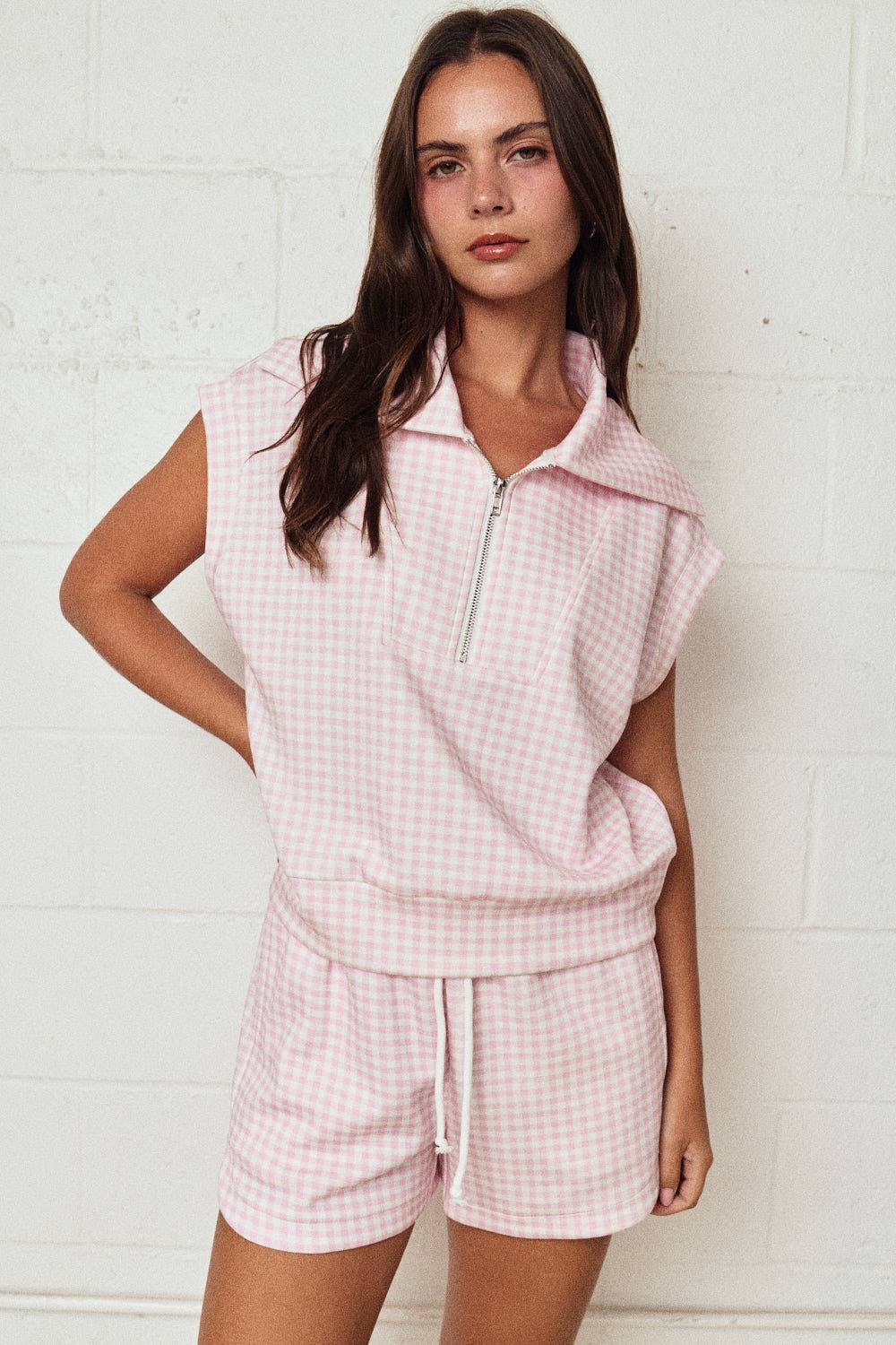 Pink Gingham Zip Up Top Short Set