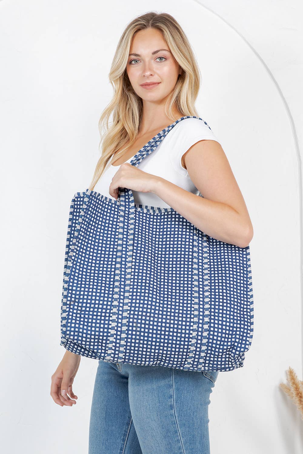 Blue Gingham Quilted Tote Bag