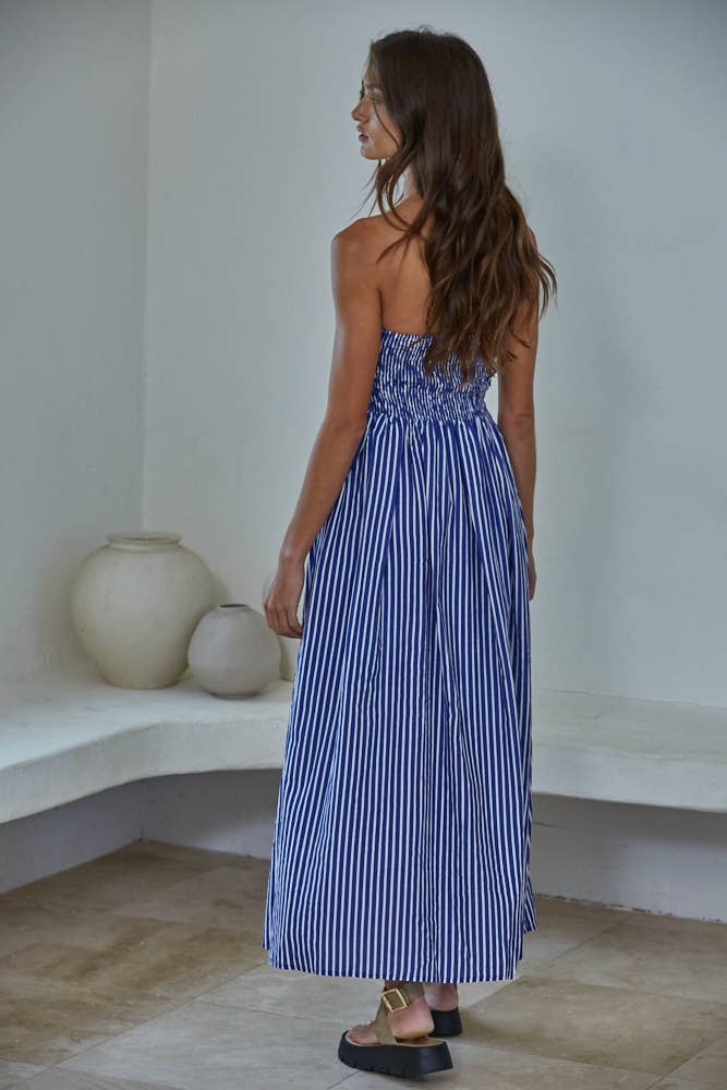 Blue Striped Strapless Flare Maxi Dress