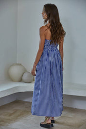 Blue Striped Strapless Flare Maxi Dress