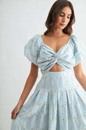Blue Eyelet Puff Sleeve Maxi Dress