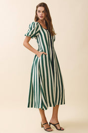 Green Striped Square Neck Midi Dress