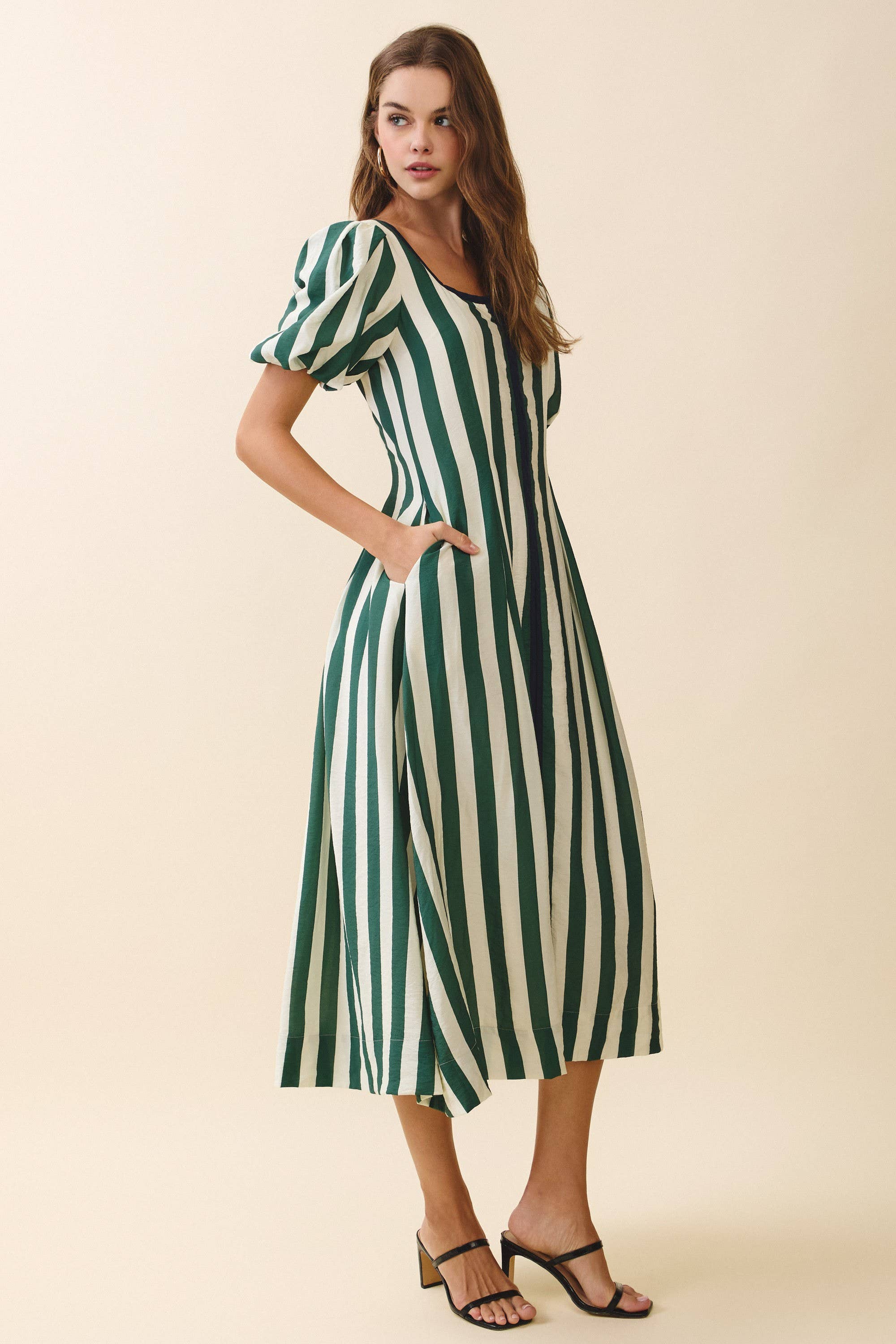 Green Striped Square Neck Midi Dress
