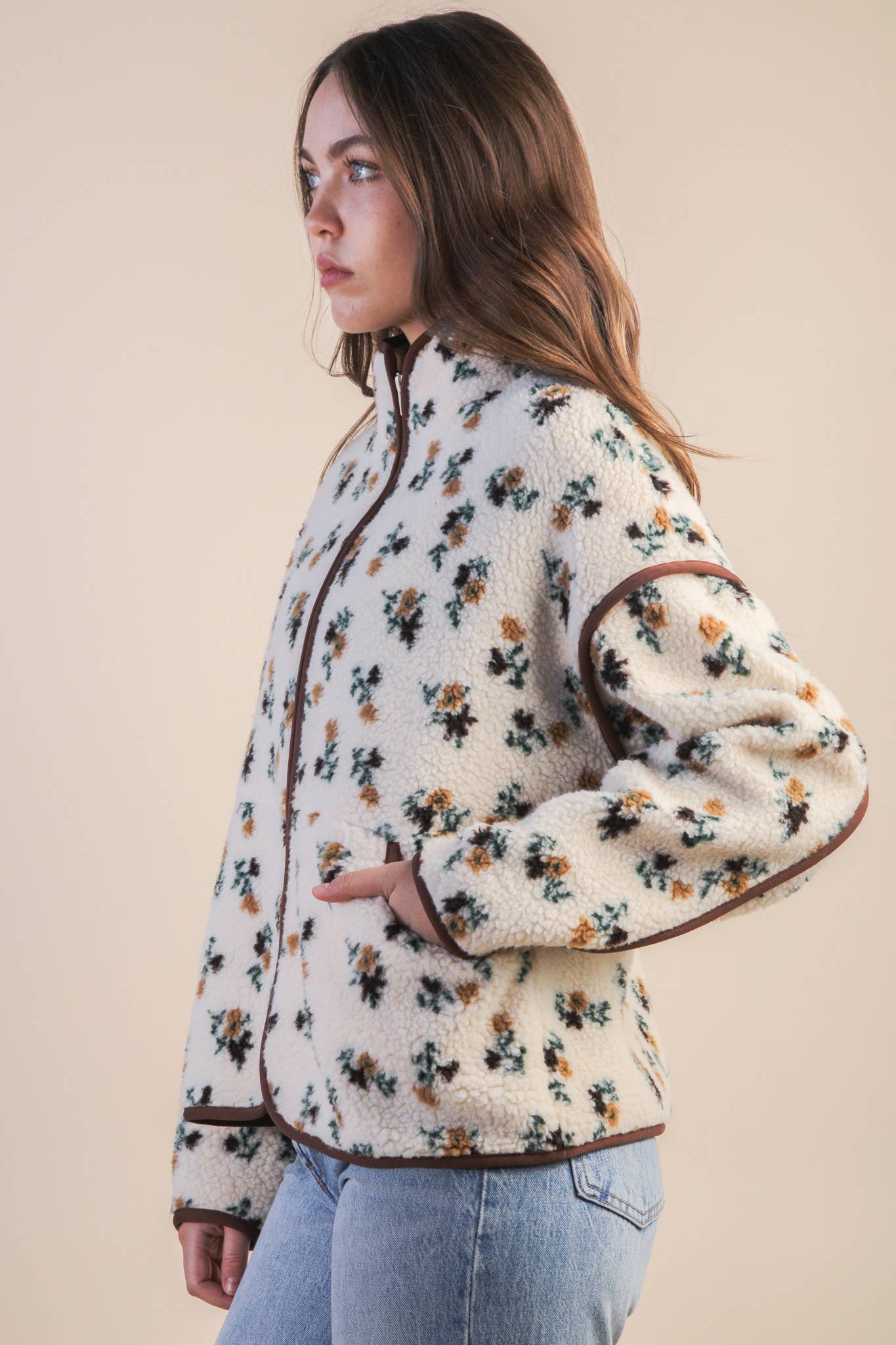 White Floral Printed Fleece Sherpa Jacket