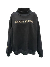 Black 'CHRIST IS KING' Embroidered Mockneck — drop shoulder and long sleeves
