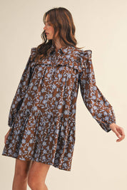 Brown Ruffle Trim Button Down Mini Dress