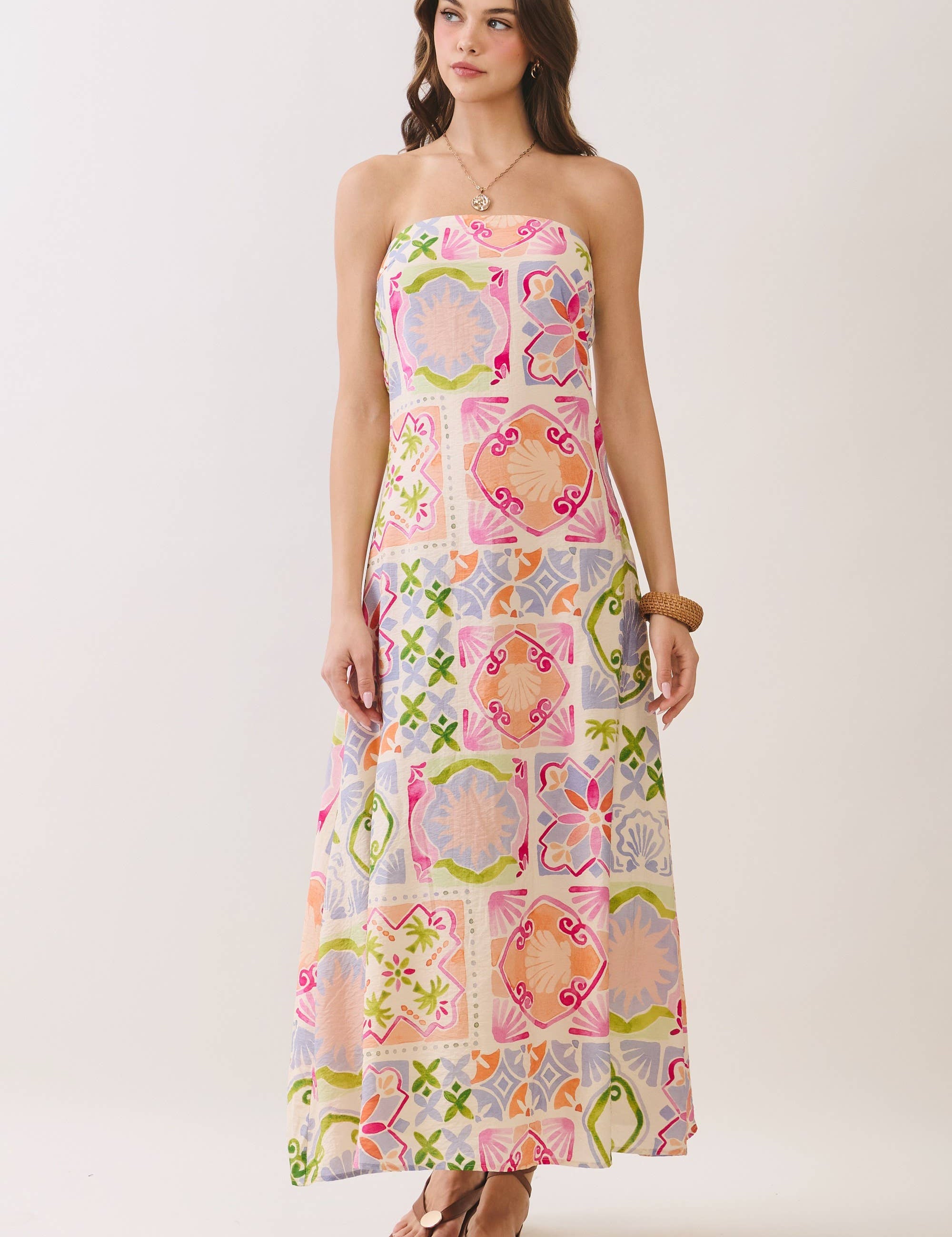 Tile Print Strapless Maxi Dress