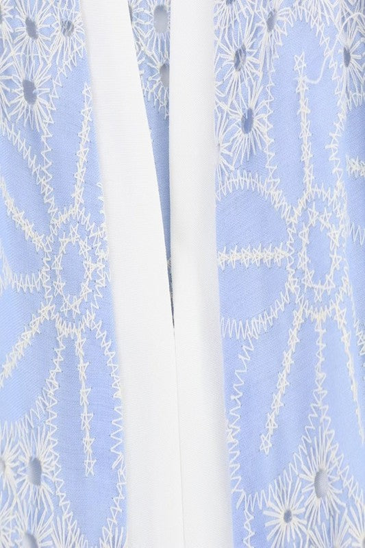 Blue Embroidered Short Sleeve Dress