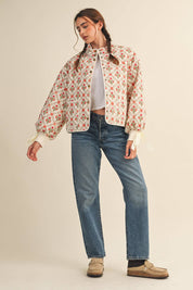 Ivory Floral Quilted Jacket With Ribbon Detail