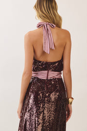Burgundy Sequin Halter Top & Maxi Skirt Set