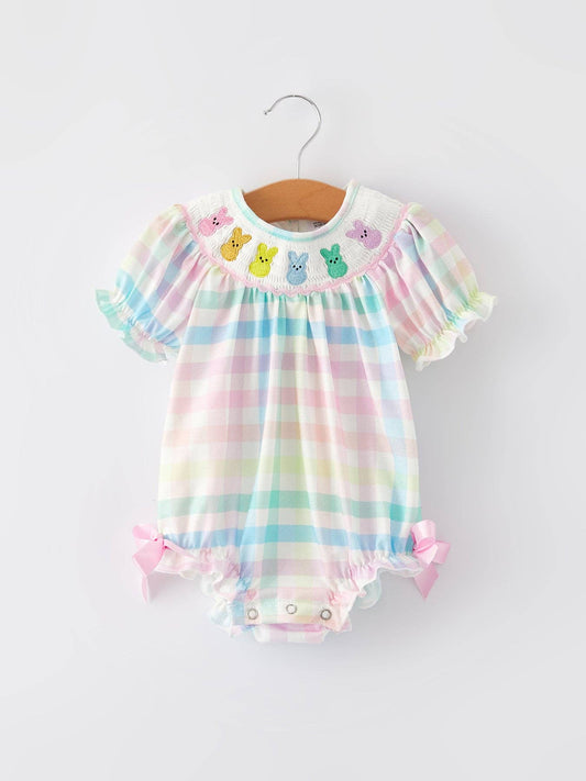 Easter Bunny Girls Multi Plaid Bow Romper