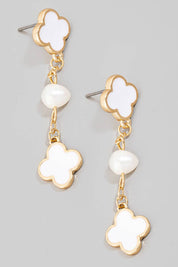 Clover And Fresh Water Pearl Dangle Chain Earrings