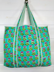 Aqua Floral Large Quilted Tote Bag