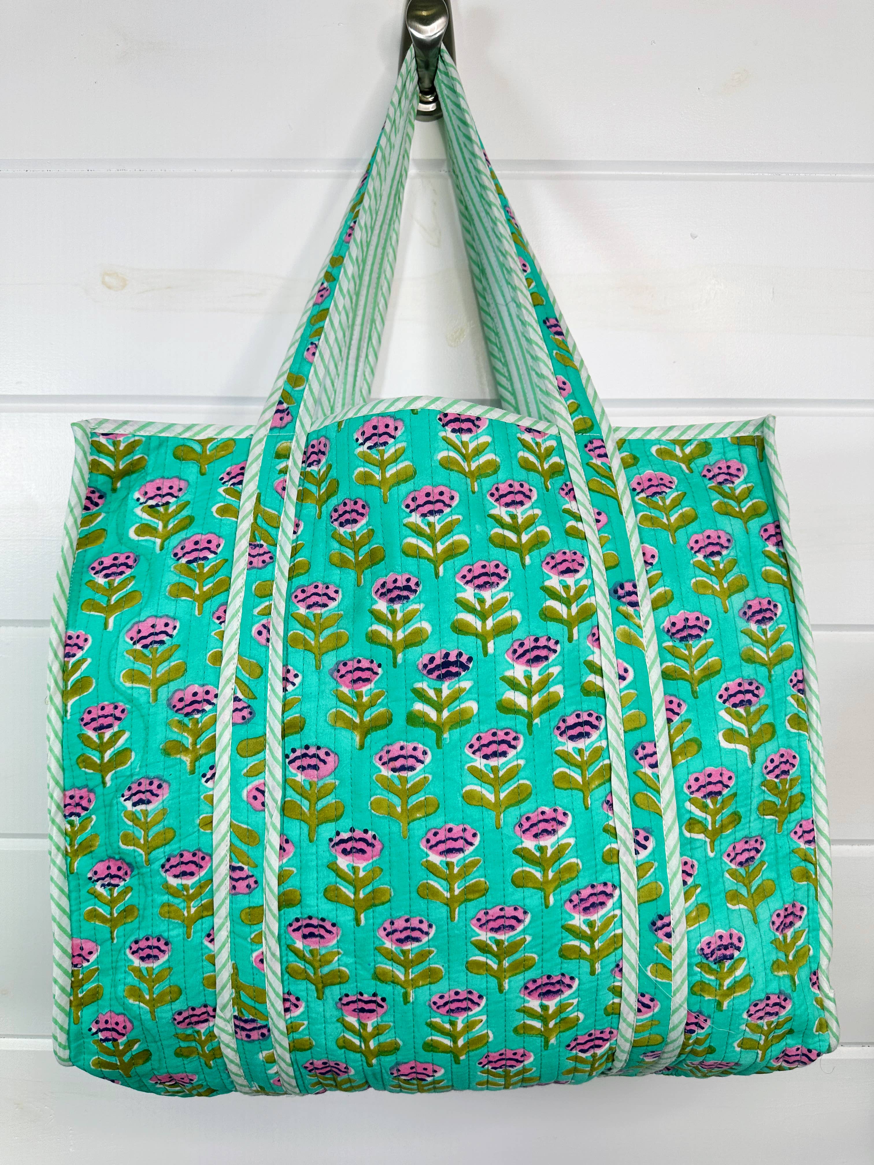 Aqua Floral Large Quilted Tote Bag