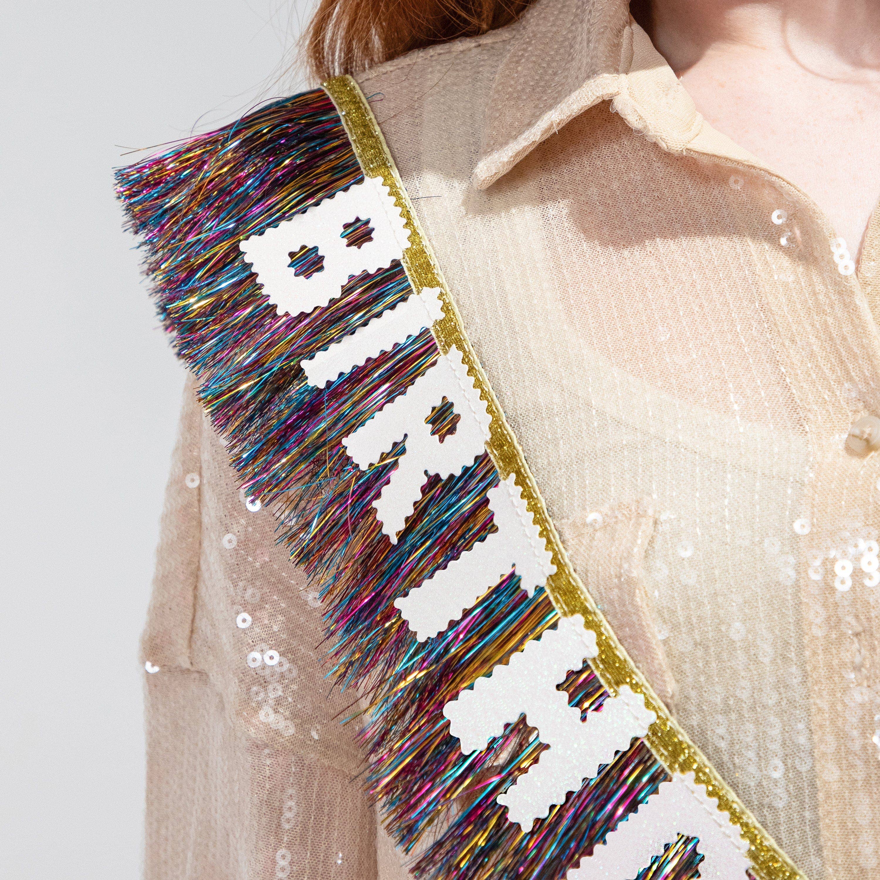 Birthday Vibes Tinsel & Glitter Sash showing 60" length, 3" height
