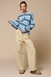 Light Blue Striped Button Cardigan