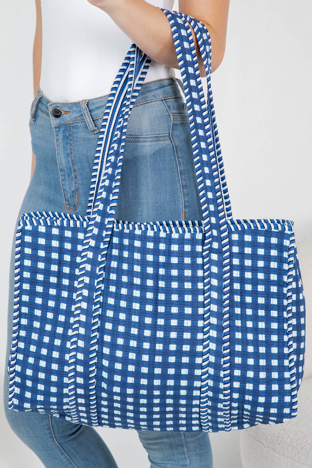 Blue Checkered Quilted Tote Bag