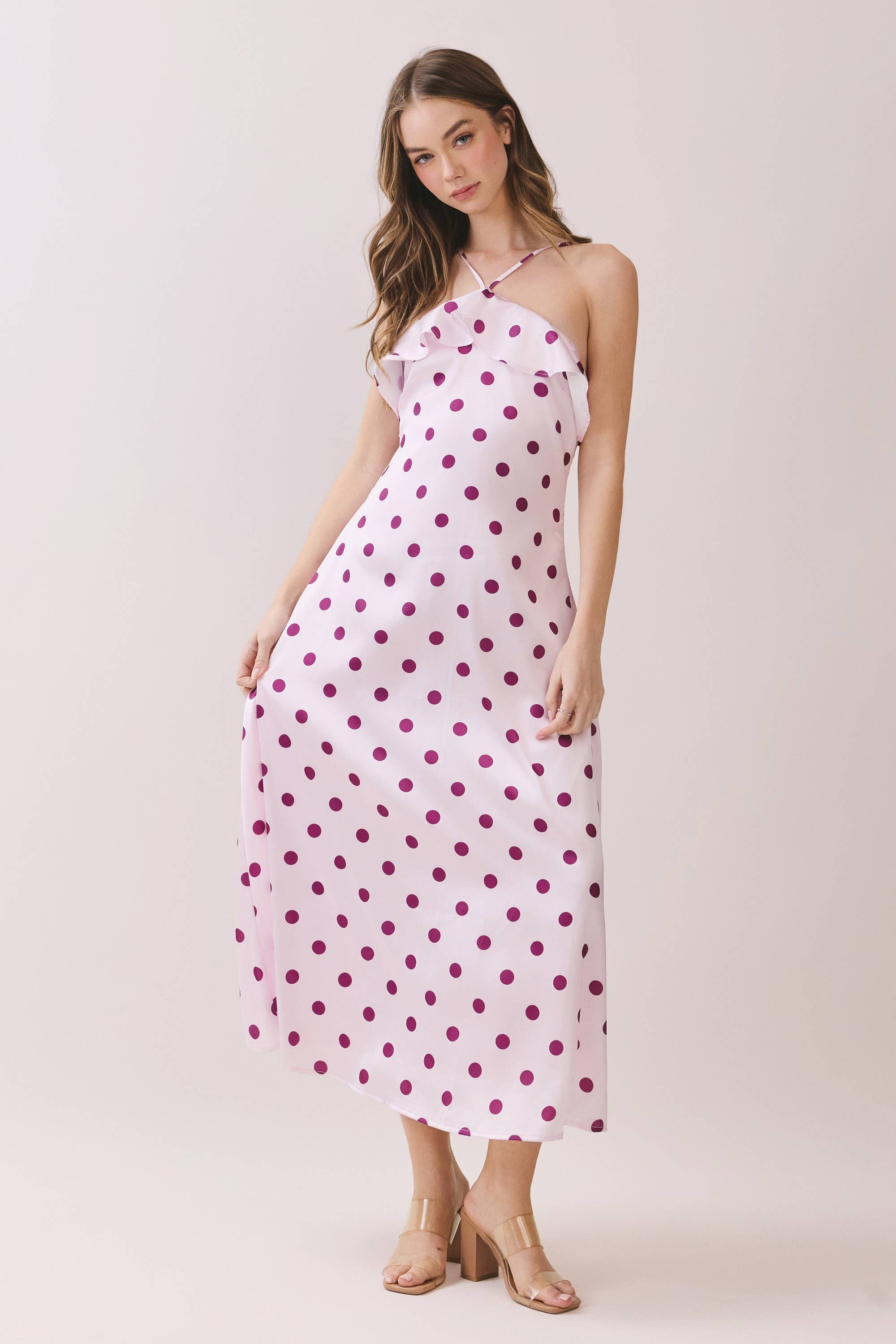 Pink Polka Dot Ruffle Trim Dress