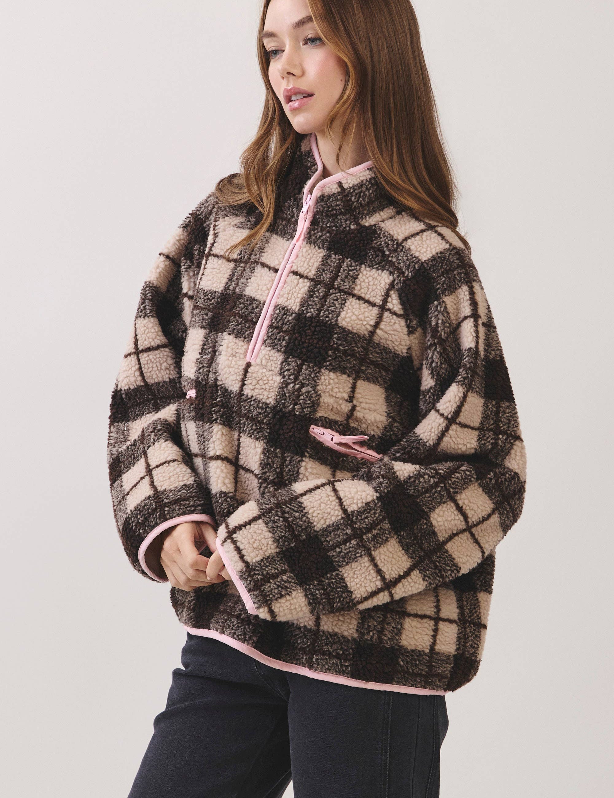 Brown & Pink Plaid Sherpa Half-Zip Jacket showing sherpa