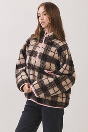 Brown & Pink Plaid Sherpa Half-Zip Jacket showing sherpa