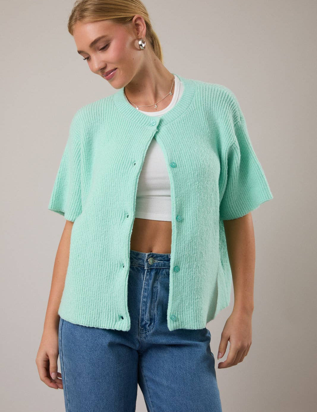 Pink Shortsleeve Ribbed Sweater Cardigan