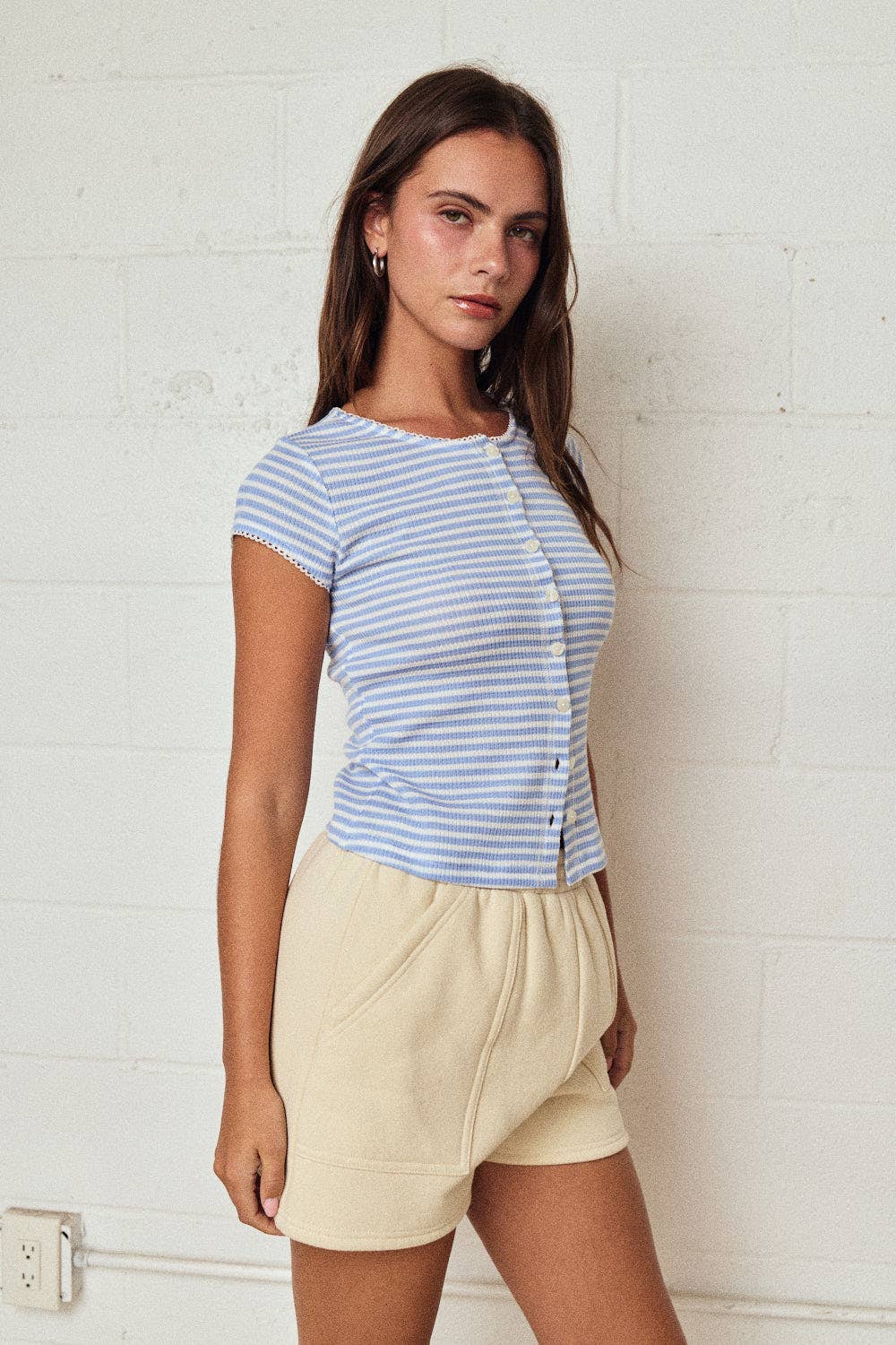 Striped Ribbed Button Front Top