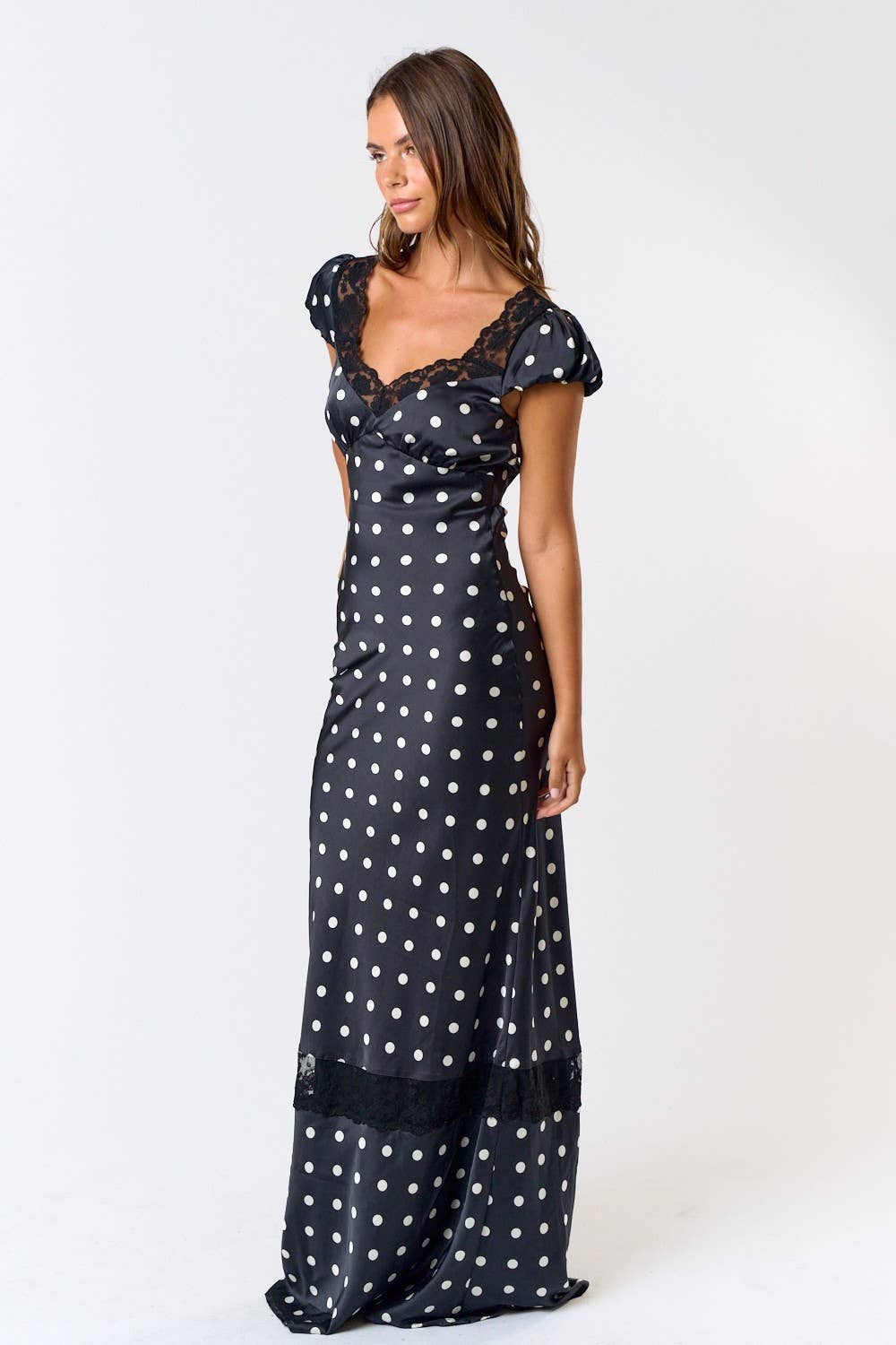 Satin Polka Dot Lacy Maxi Dress