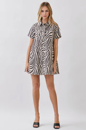Zebra Print Button Collared Mini Dress in a relaxed