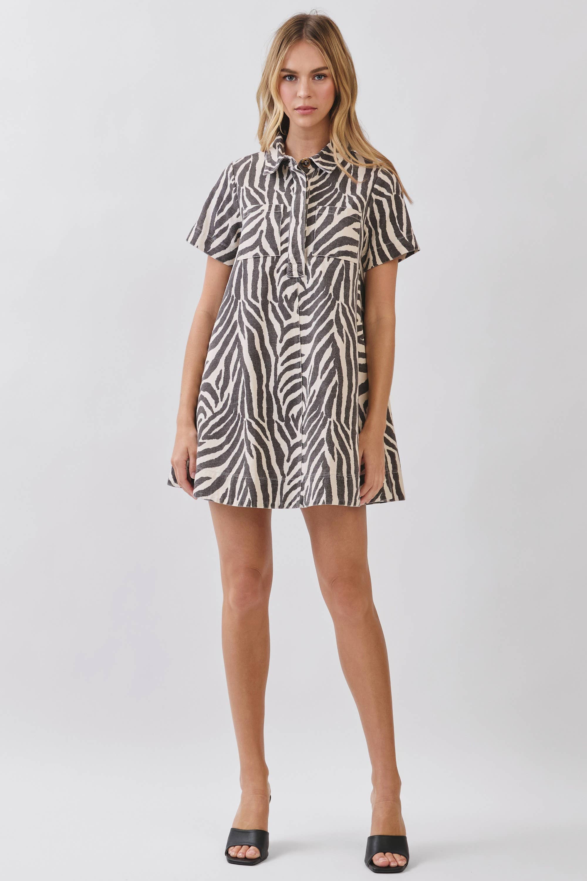 Zebra Print Button Collared Mini Dress in a relaxed