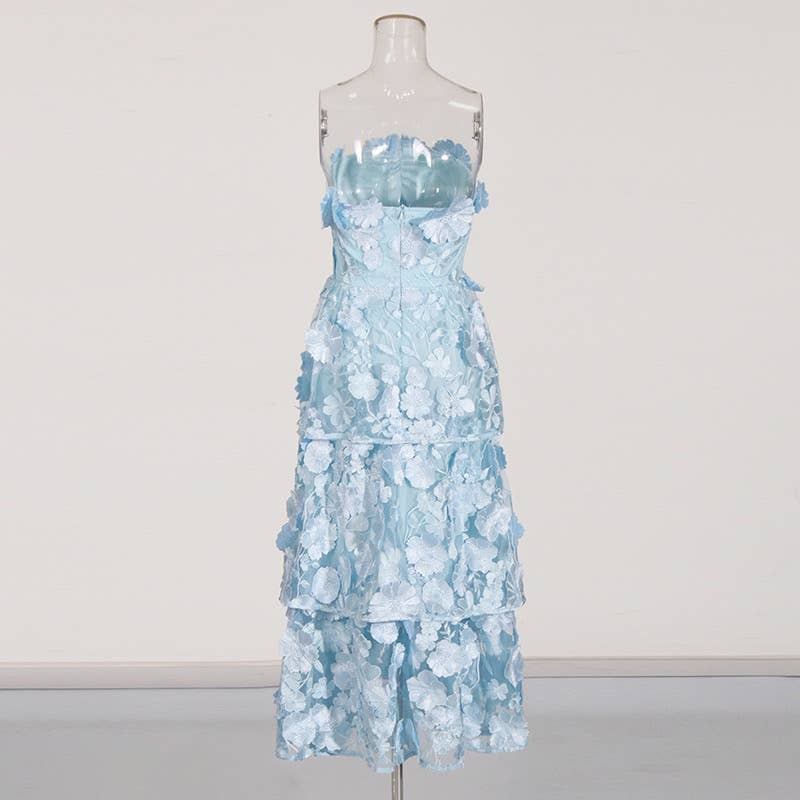 Blue 3D Flower Strapless Dress