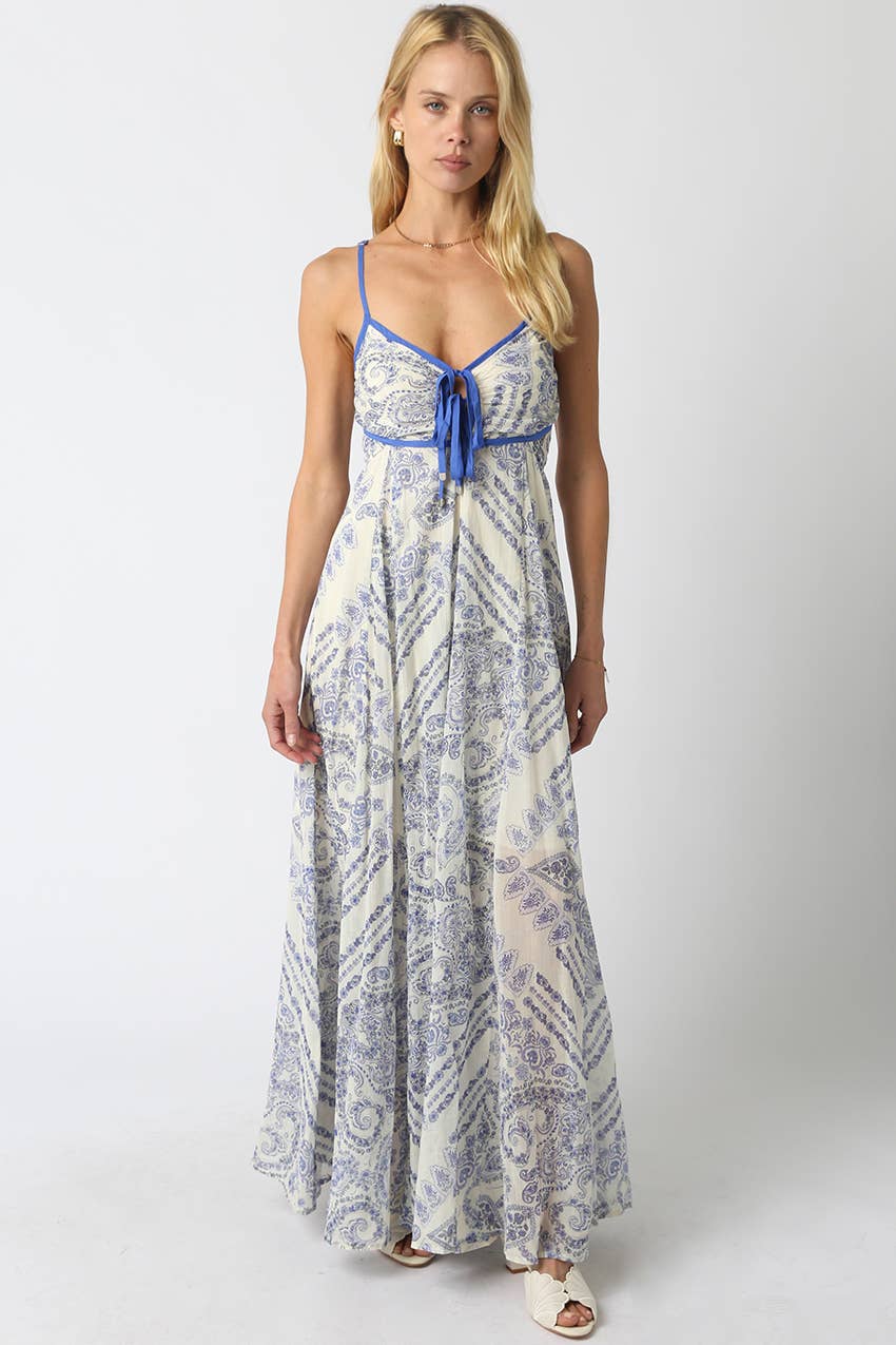 Blue Trim Printed Maxi Dress