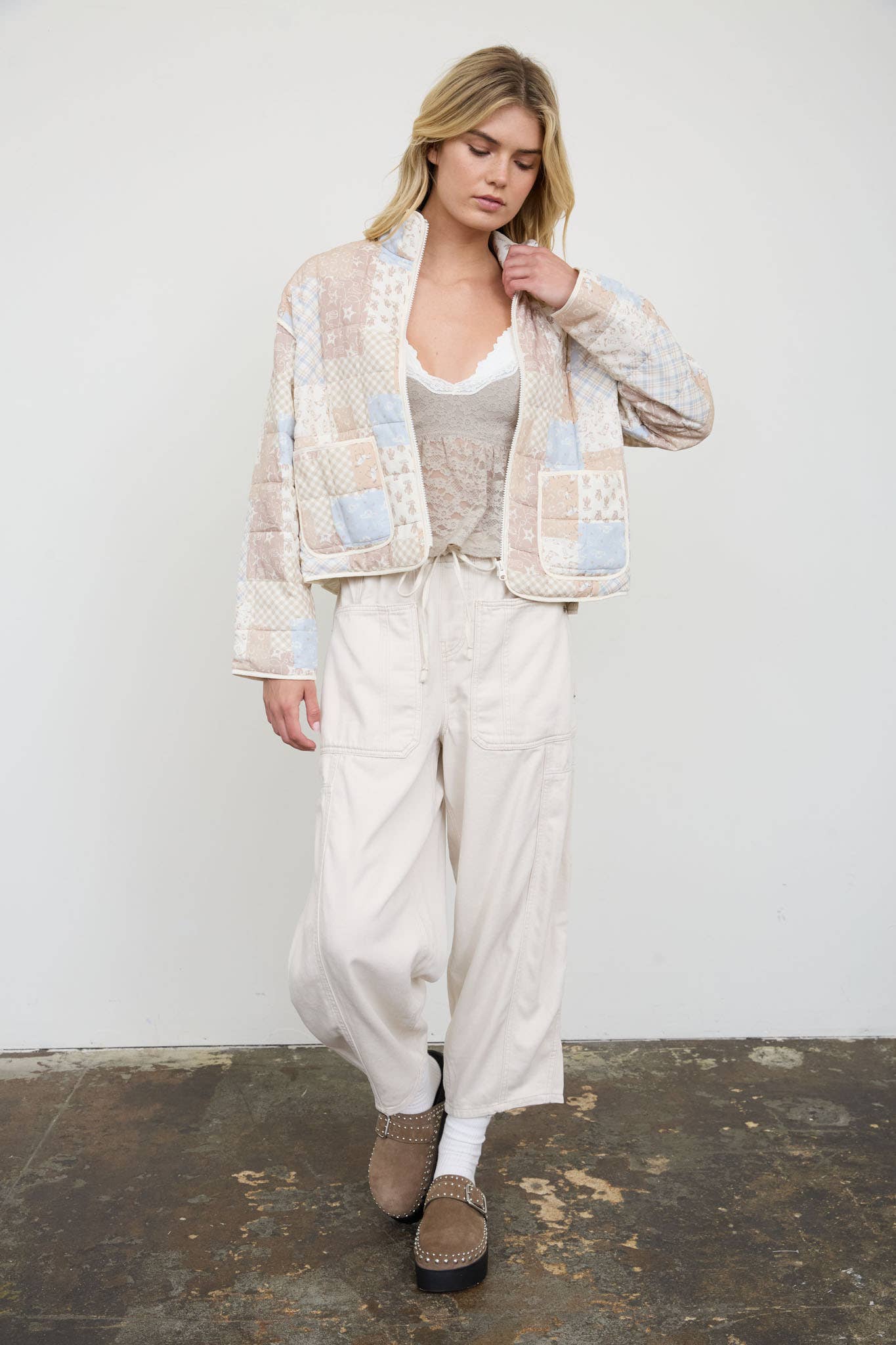 Cream Patchwork Quilted Jacket in a relaxed fit