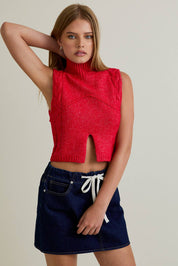 Red Mock Neck Cutout Crop Sweater
