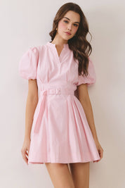 Pink Belted Puff Sleeve Mini Dress