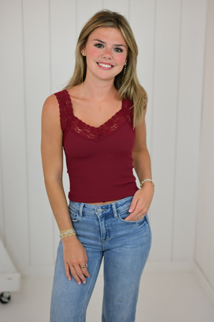 Burgundy Fallen For Lace Tank
