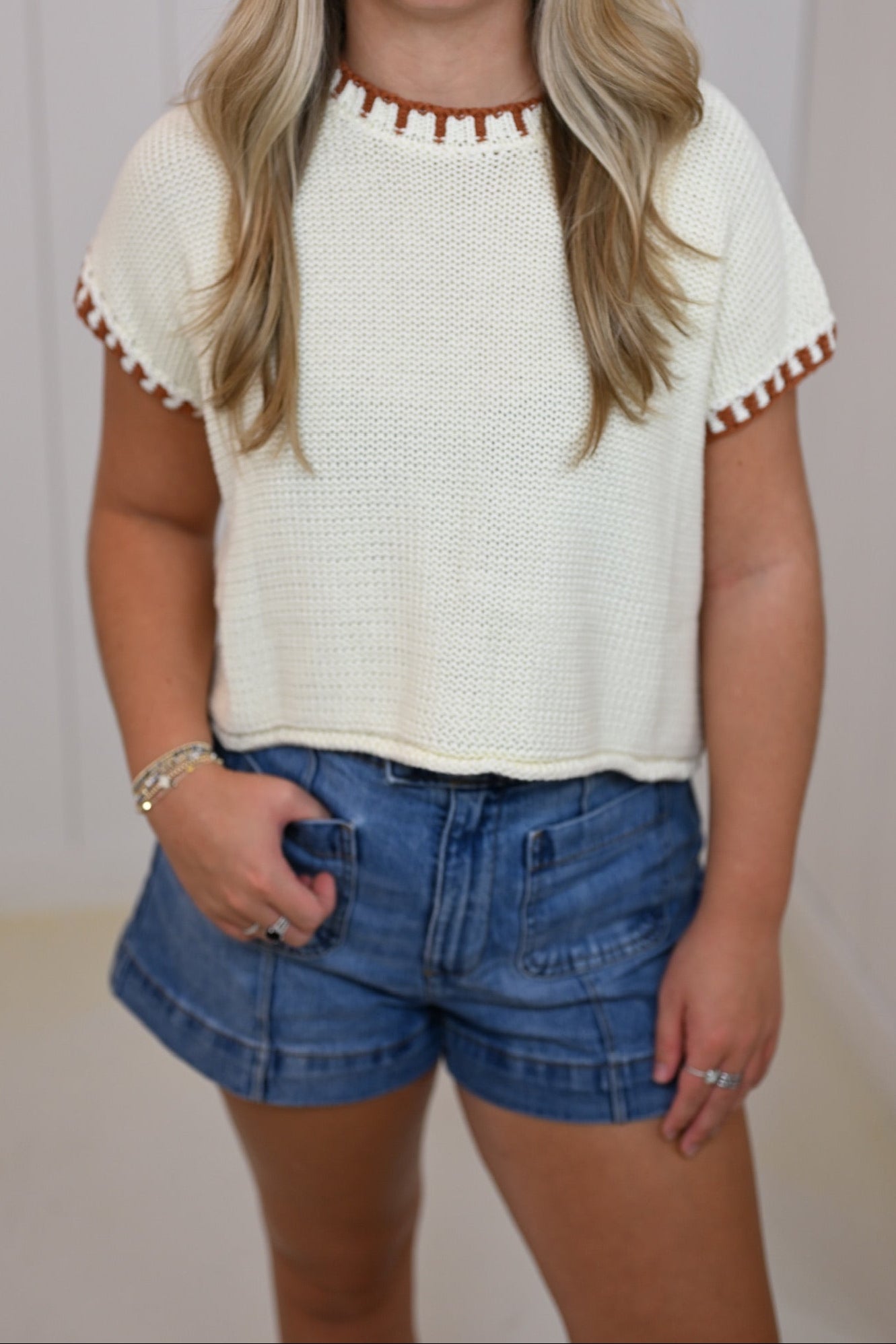 White Sweater with Contrast Stitch