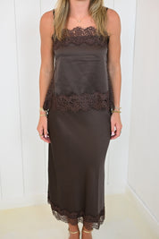 Brown Satin Midi Skirt Set