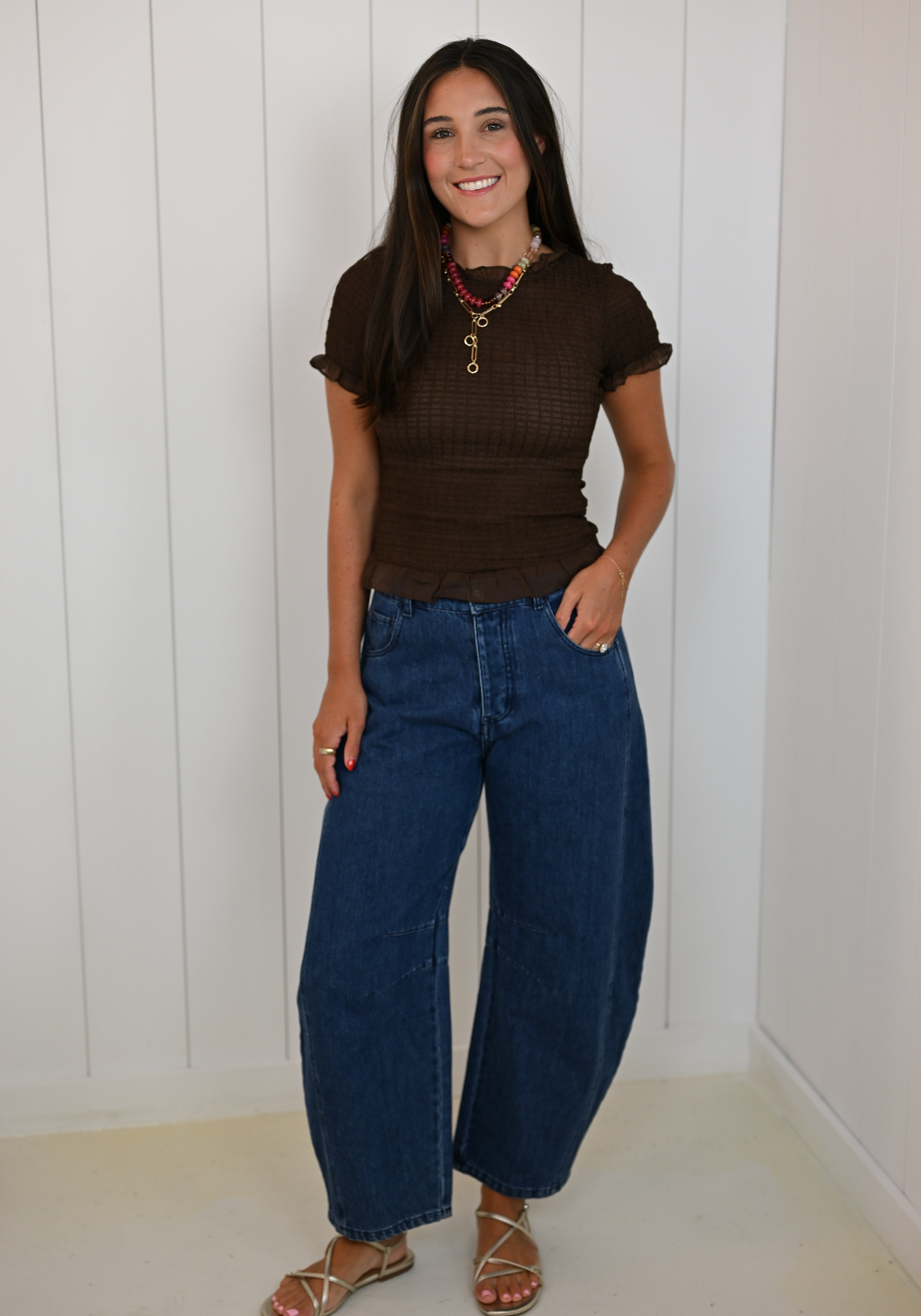 Brown Smocked Ruffle Top