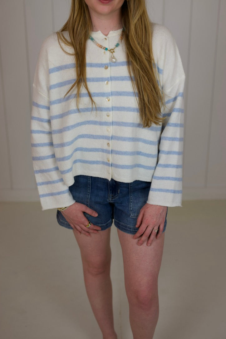White & Blue Striped Oversized Cardigan