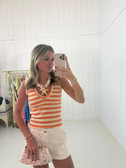 Orange & White Striped V-Neck Tank Top
