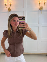 Brown & White Stripe Collared Top