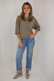 Brown Drop Shoulder Short Sleeve Top