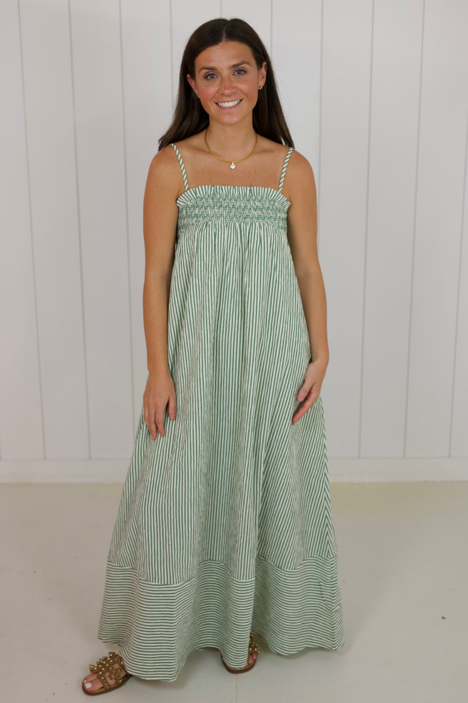Green Embroidered Smocked Striped Tunic Maxi Dress