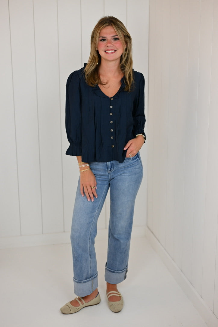 Navy Ruffled V-Neck Blouse